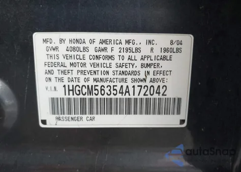 2004 Honda Accord 2.4 Lx from USA, damaged, VIN 1HGCM56354A172042
